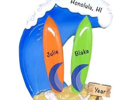 Big Wave Surfing Couple Personalized Ornament For Sale