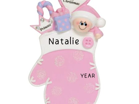 Pink Baby 1st Christmas Mitten Personalized Ornament Online Sale