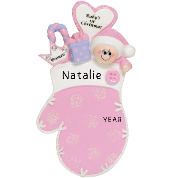 Pink Baby 1st Christmas Mitten Personalized Ornament Online Sale