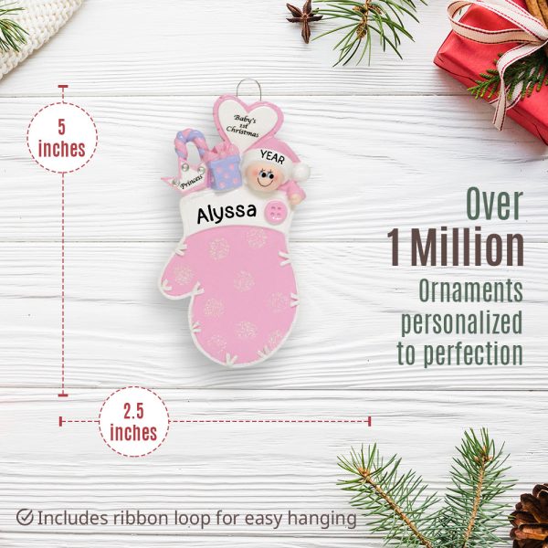 Pink Baby 1st Christmas Mitten Personalized Ornament Online Sale