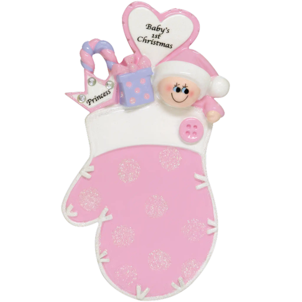 Pink Baby 1st Christmas Mitten Personalized Ornament Online Sale