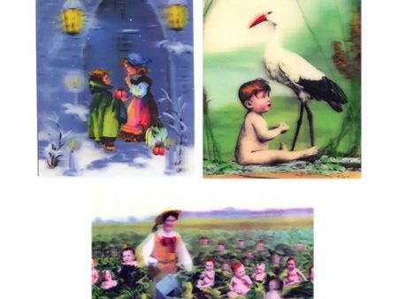 3 Victorian Children -POSTCARDS Stork, Cabbages, 3D Lenticular Greeting Cards - NEW Cheap